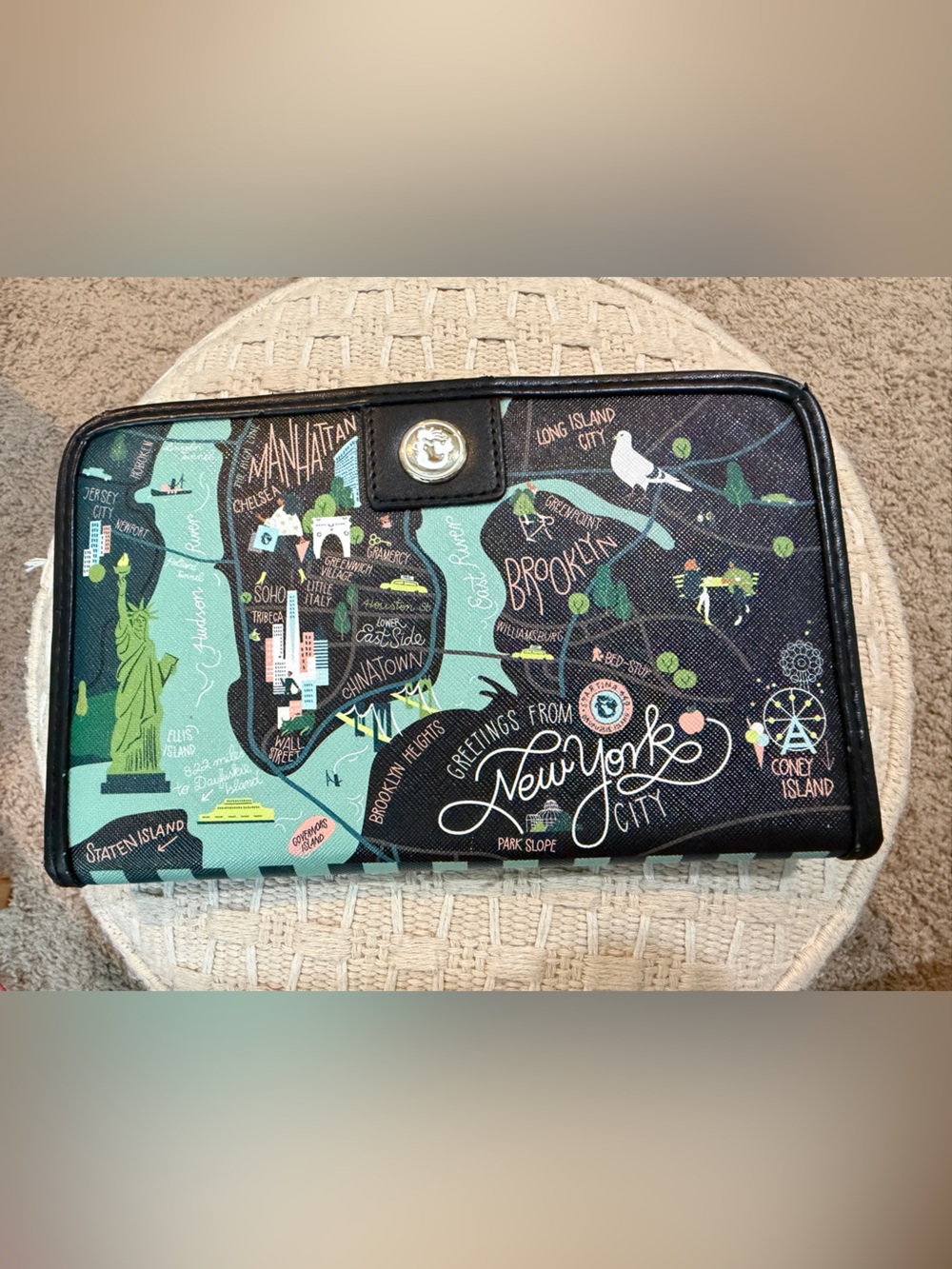 Spartina 449 New York Map Zip Wallet Clutch - Black & Teal EUC like New